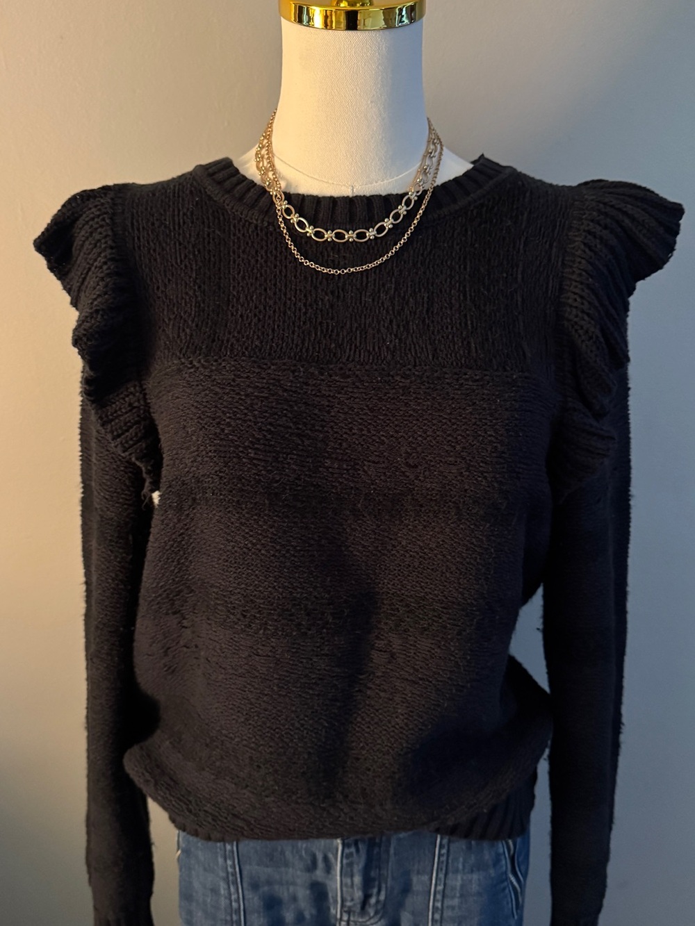 Pilcro Black Ruffle-Shoulder Crewneck Sweater